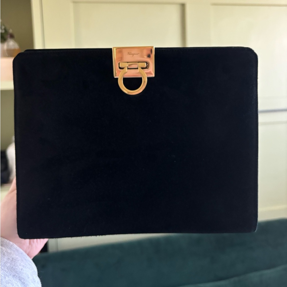 Ferragamo black suede clutch with gold hardware